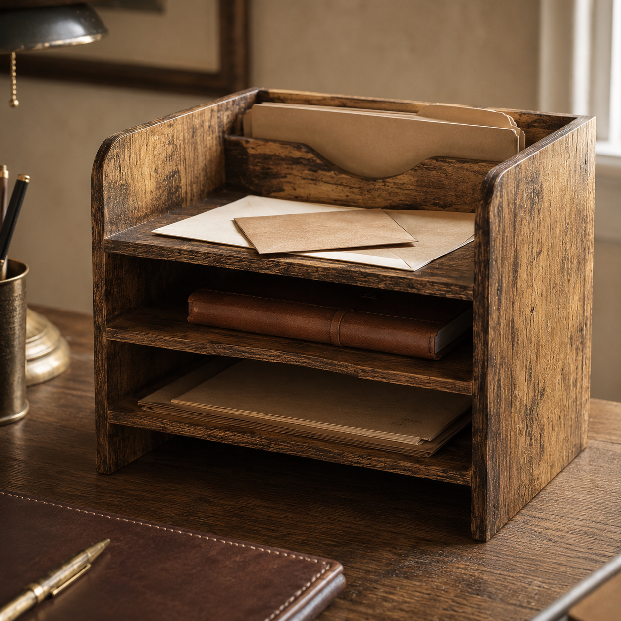 Snughome vintage wood file organizer with adjustable vertical compartments for documents and supplies on a vintage desk