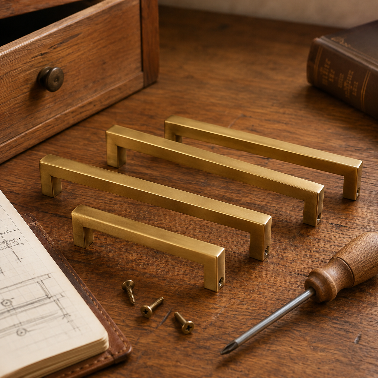 Goldenwarm antique brushed brass cabinet drawer handles in 10-inch length lined up for a vintage desk DIY upgrade