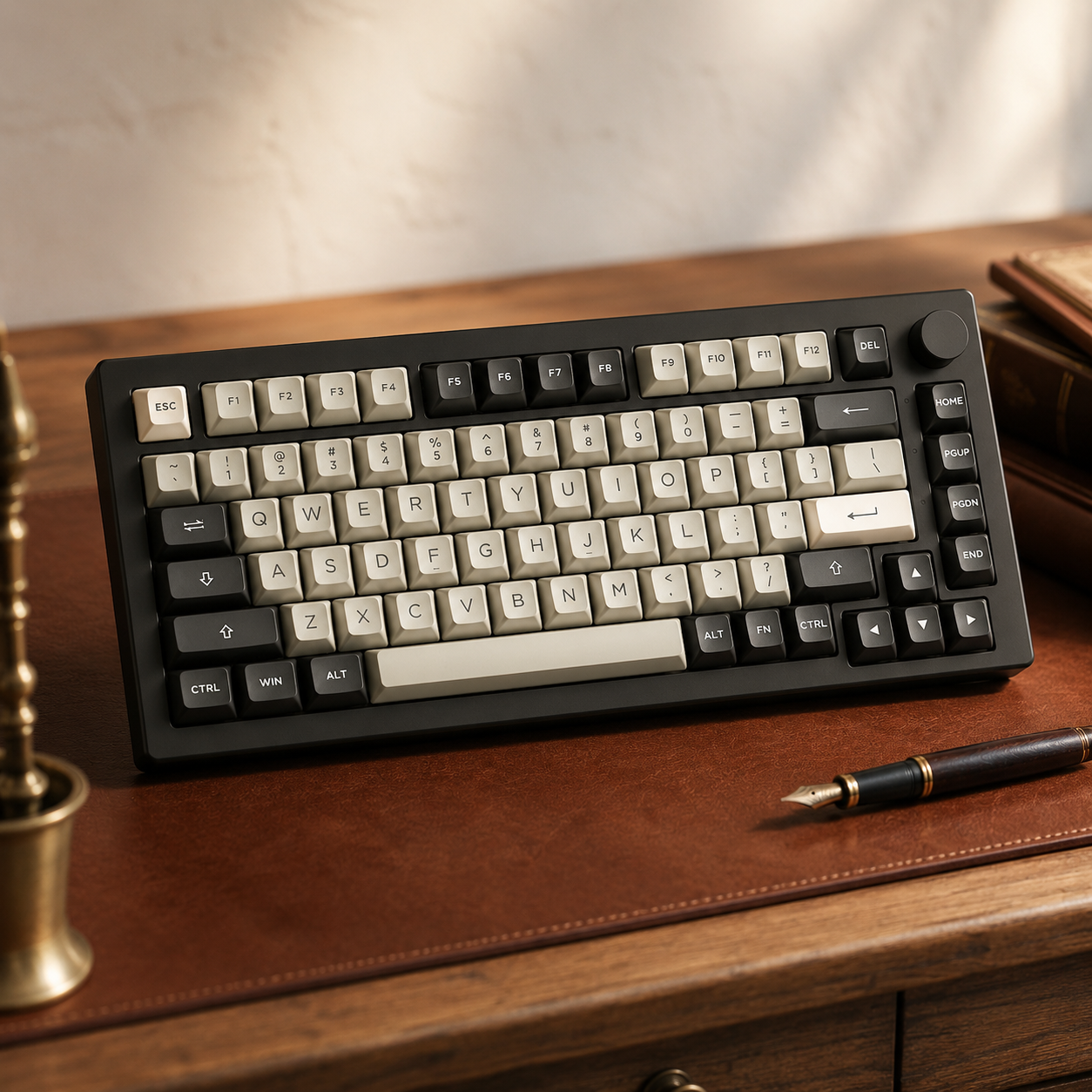 AKKO 5075B Plus mechanical keyboard with retro typewriter-style cream keycaps on a cognac leather desk pad