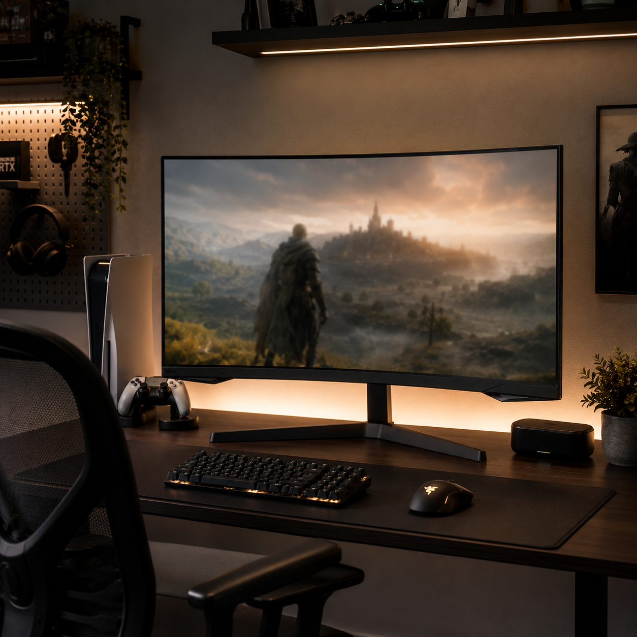 A console gaming desk setup centered on a display, with a console and clean surface in a warm room