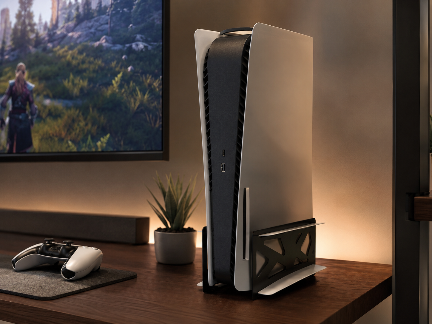 A games console displayed upright on a stand as a clean centerpiece of a console gaming desk