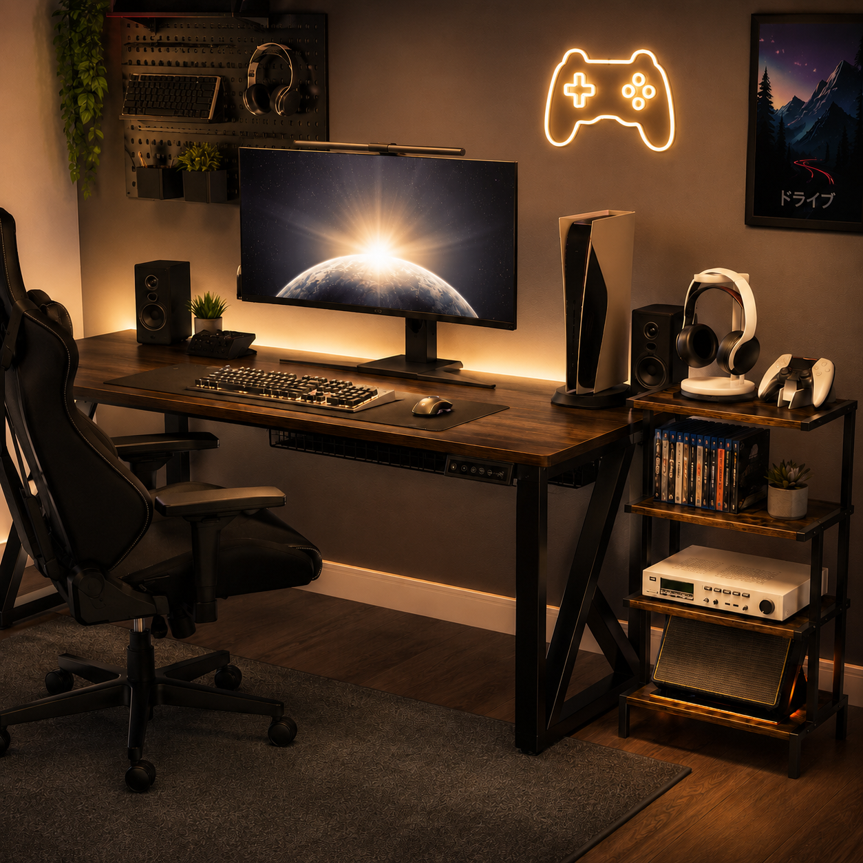 A console gaming desk with tidy storage for controllers, games, and accessories