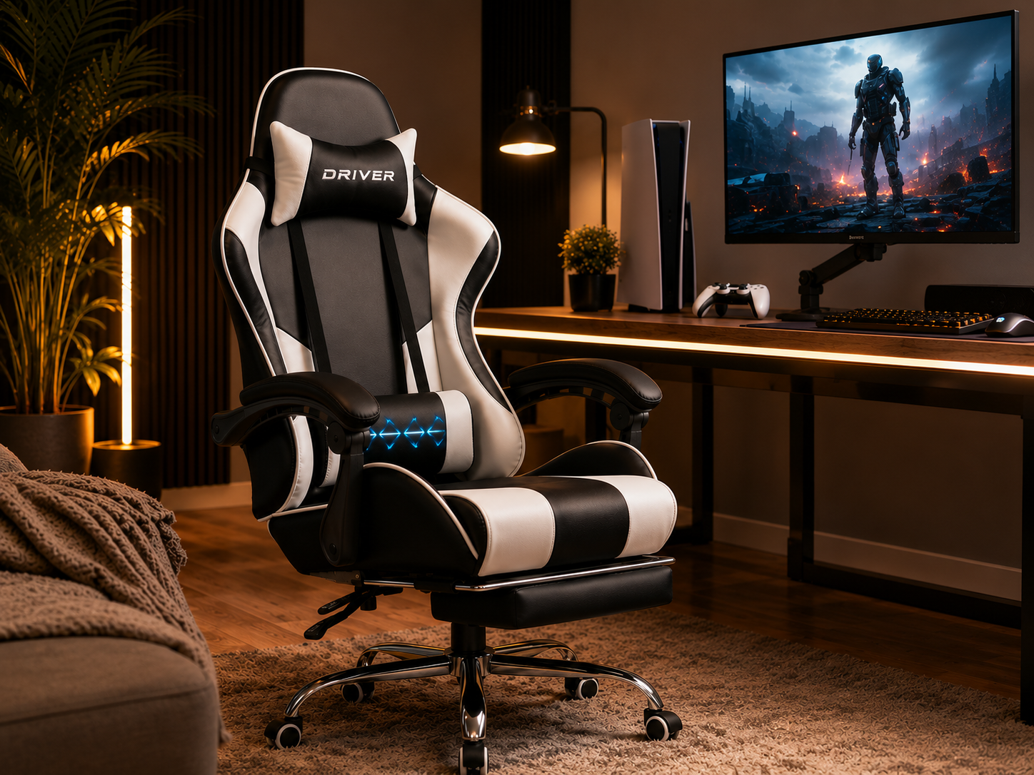 A comfortable gaming chair at a console gaming desk facing the display