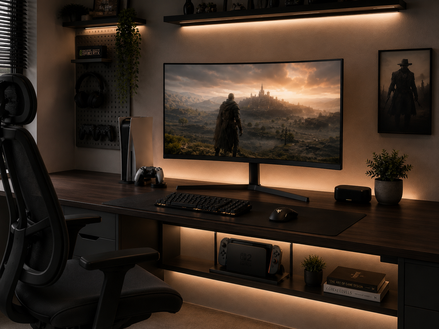 Clean cable management on a console gaming desk with cables routed and hidden