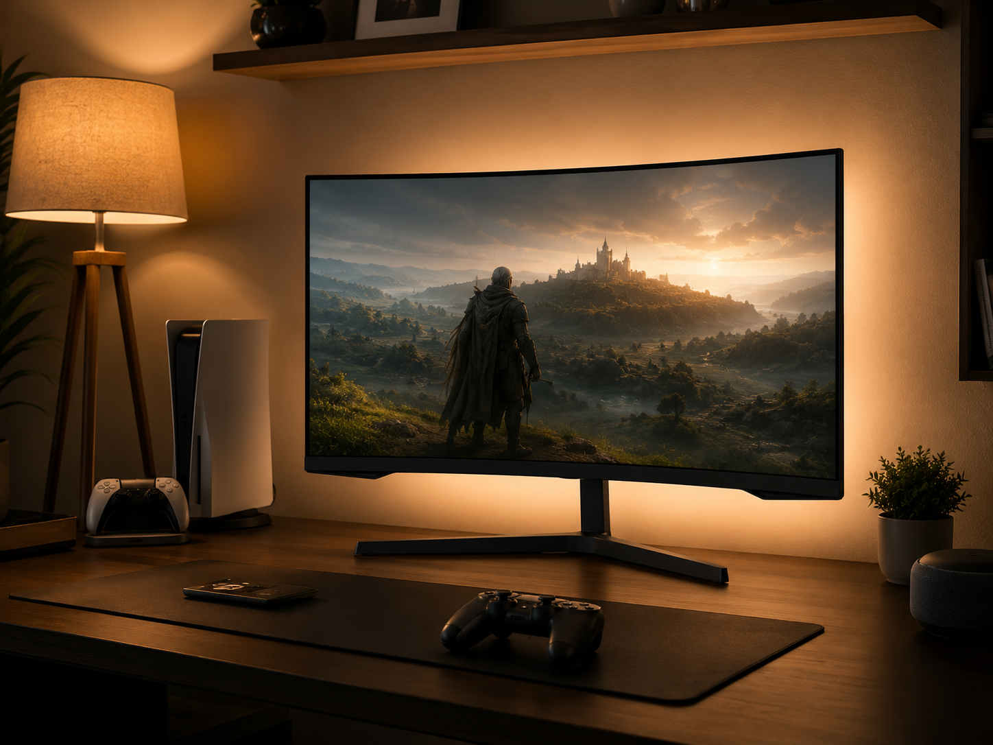A console gaming desk with warm bias lighting behind the display and soft ambient light