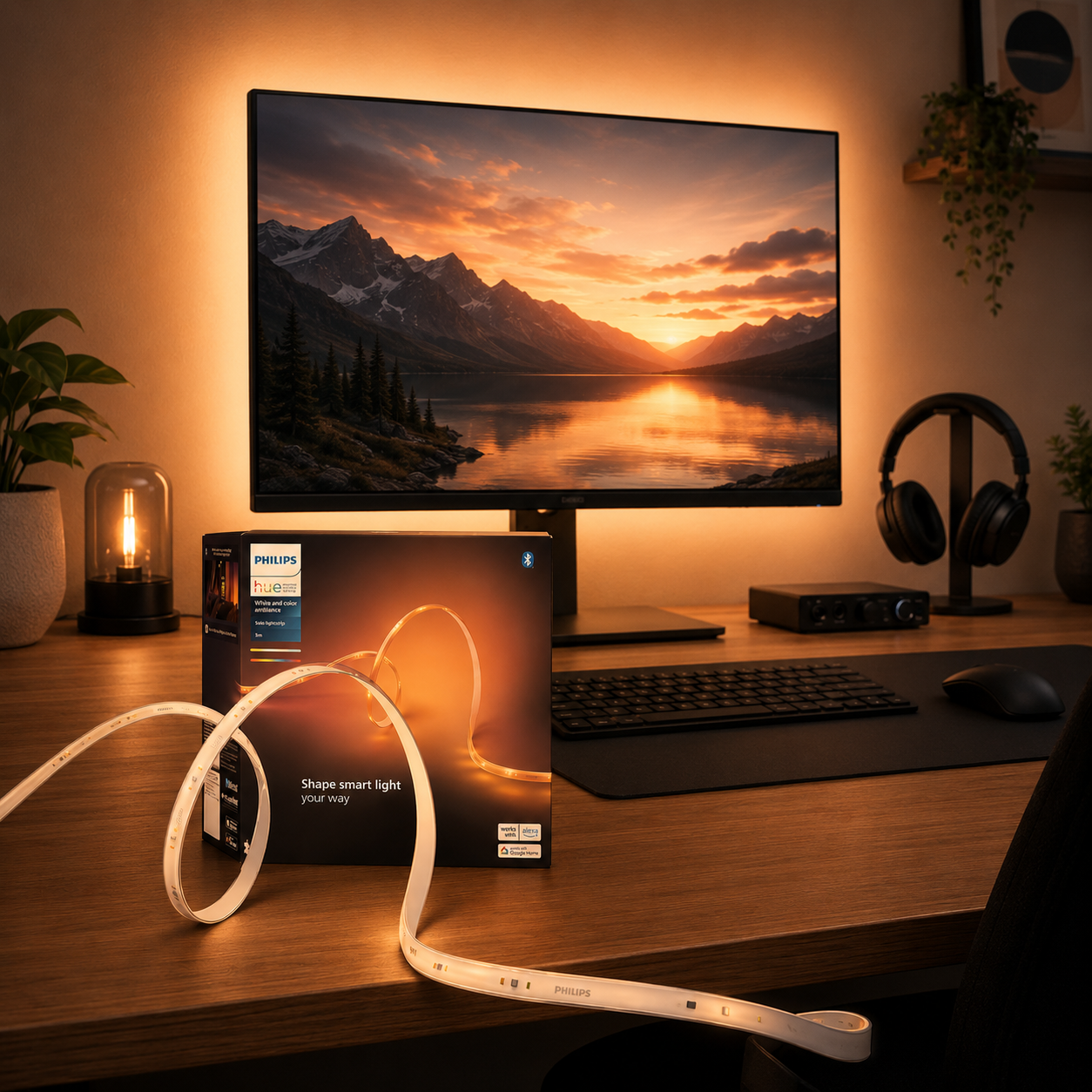 Philips Hue 10 foot smart RGBWW LED lightstrip for bias lighting behind a display