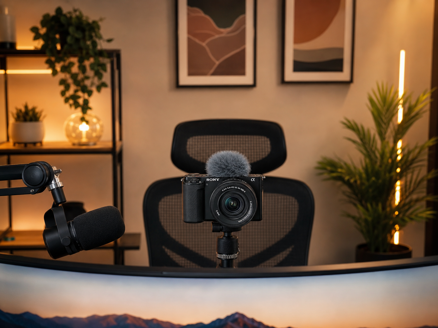 A streaming setup with a camera at eye level and a styled background, composed for broadcast