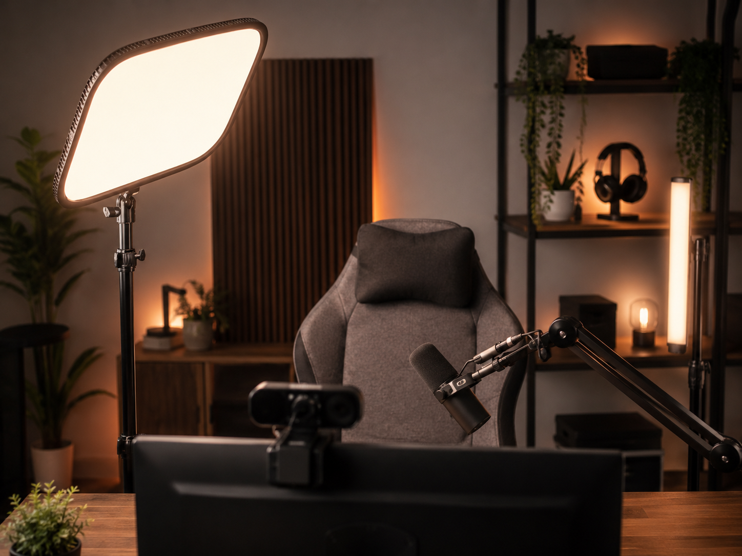 A soft off-axis key light flattering the on-camera position of a streaming setup