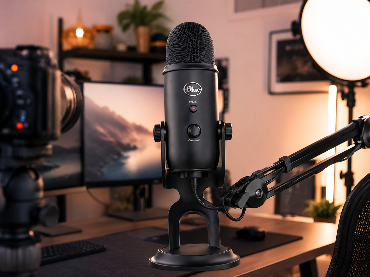 A broadcast-quality microphone on a boom arm reaching into a streaming setup