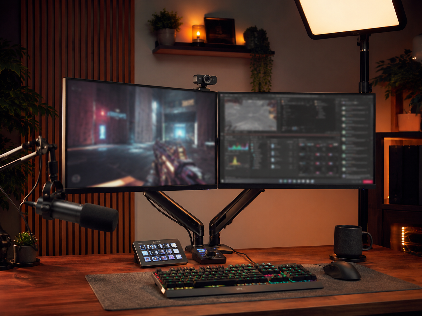 A dual-monitor streaming setup with a game screen and a broadcast screen for OBS and chat
