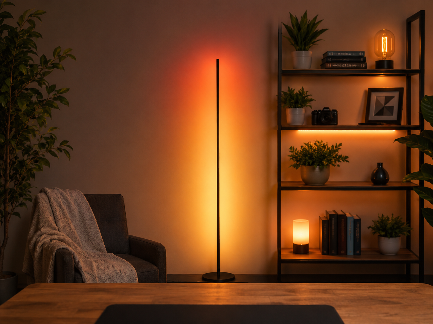 A styled on-camera background with plants, decor, and subtle accent lighting behind a streaming setup