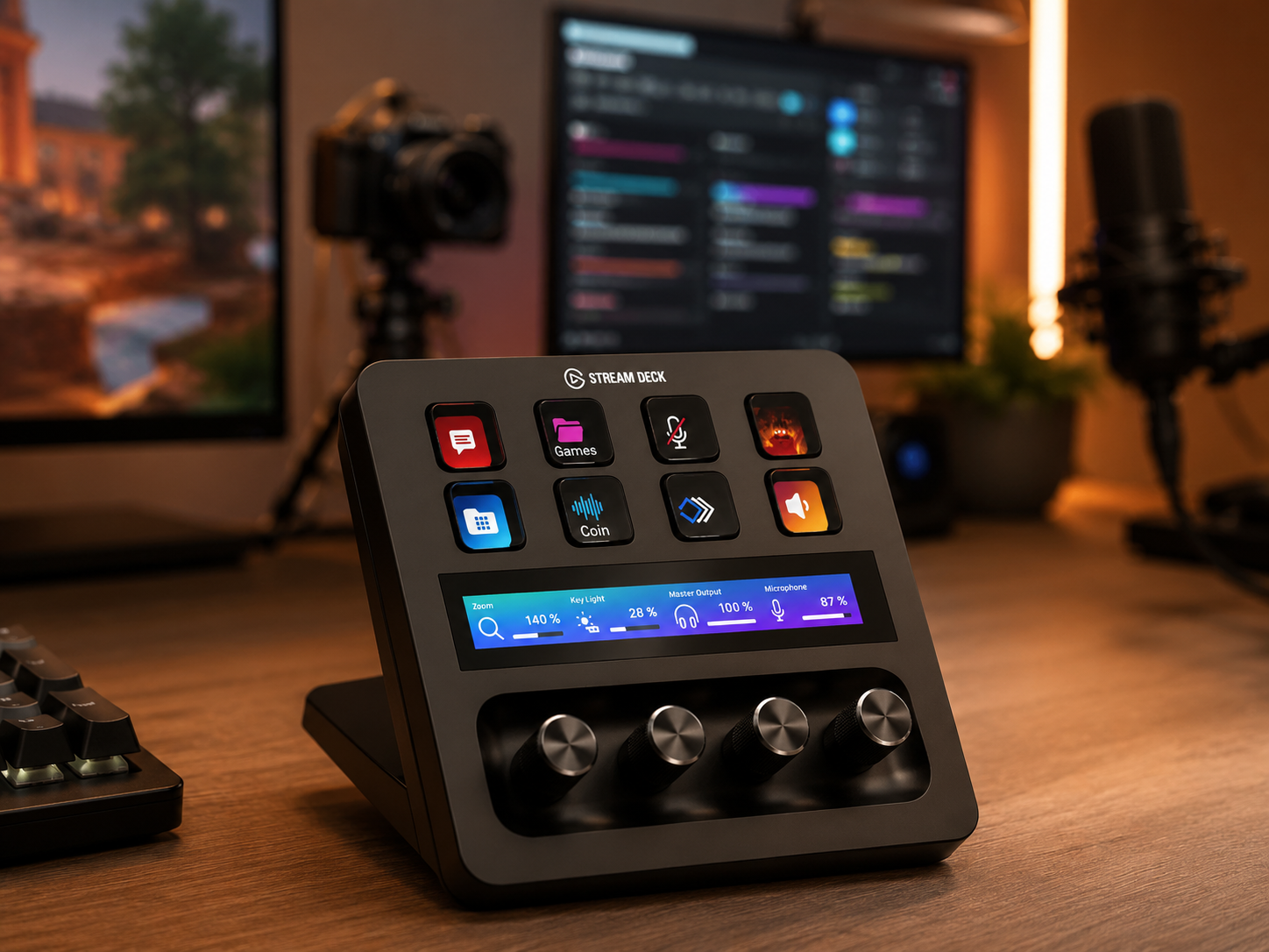 A stream control deck with customizable glowing keys within reach on a streaming desk